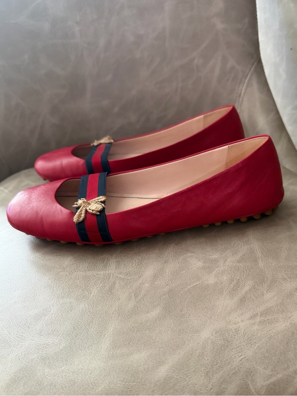 Gucci Red Leather Web-Strap Ballet Flats - Picture 3 of 9